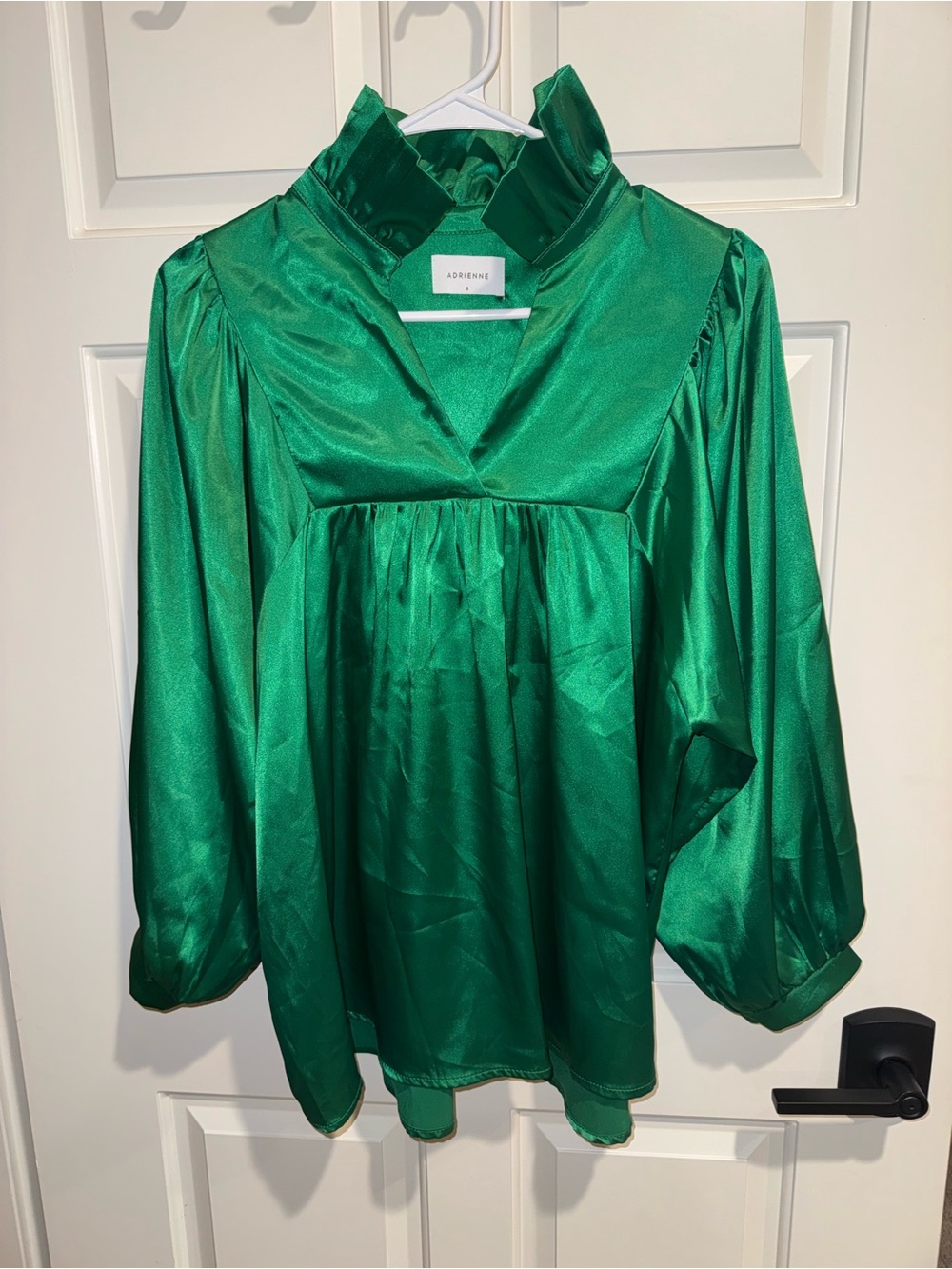 Adrienne Emerald Green Satin Balloon Sleeve Blouse Ruffle Collar Small